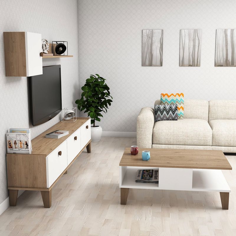 Casa si Gradina - Mobilier - Seturi de mobilier - Seturi living - Set mobilier living, Hanah Home, pal melaminat, stejar si alb, multiple rafturi - Infinity.ro