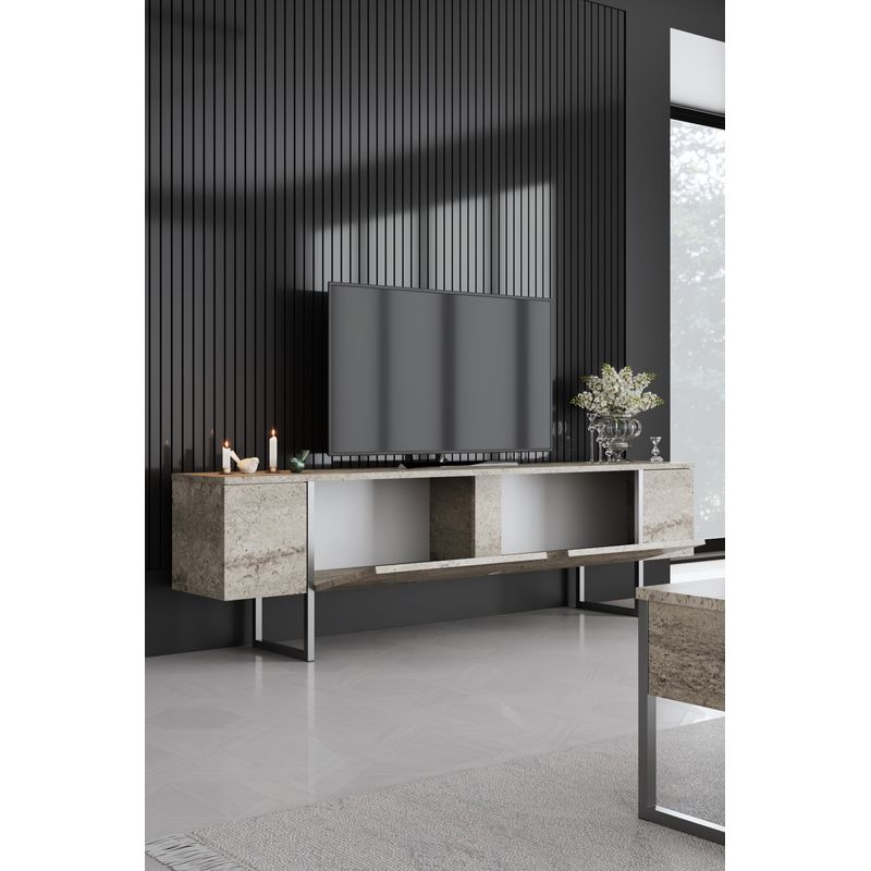 Casa si Gradina - Mobilier - Seturi de mobilier - Seturi living - Set mobilier living, Hanah Home, placa de particule melaminata, travertin si argintiu, picioare metalice - Infinity.ro