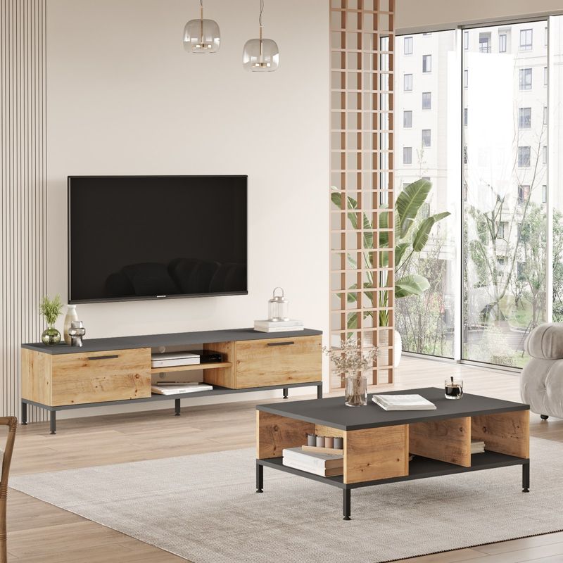 Casa si Gradina - Mobilier - Seturi de mobilier - Seturi living - Set living, Hanah Home, pal melaminat, pin atlantic si antracit, comoda tv 160x39.1x35 cm, masuta cafea 90x60x33.1 cm - Infinity.ro