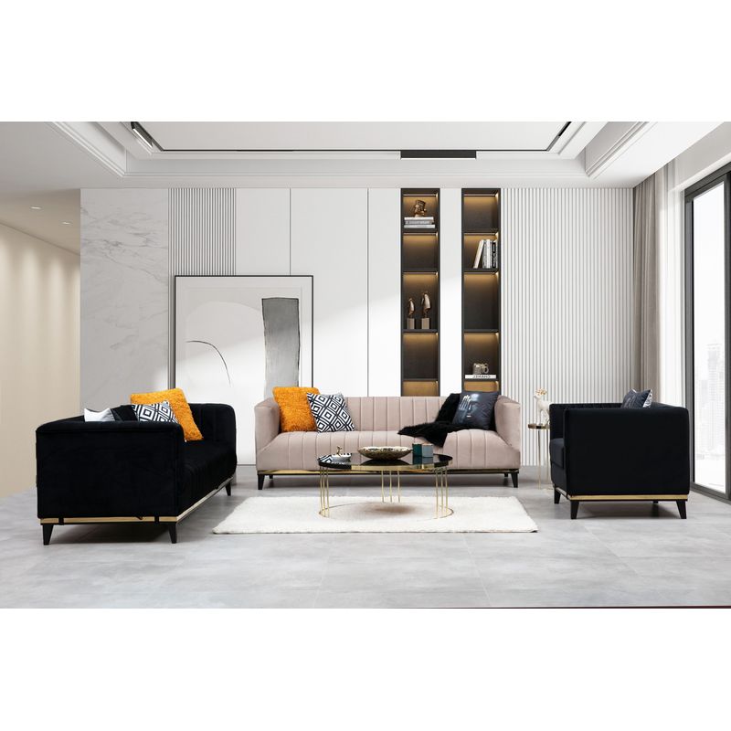 Casa si Gradina - Mobilier - Canapele si coltare - Canapele - Canapea 3 locuri, Hanah Home, lemn fag si pal, negru auriu, 222x89x75 cm - Infinity.ro