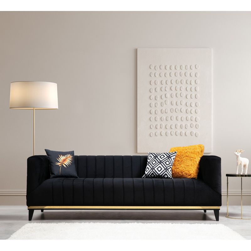 Casa si Gradina - Mobilier - Canapele si coltare - Canapele - Canapea 3 locuri, Hanah Home, lemn fag si pal, negru auriu, 222x89x75 cm - Infinity.ro