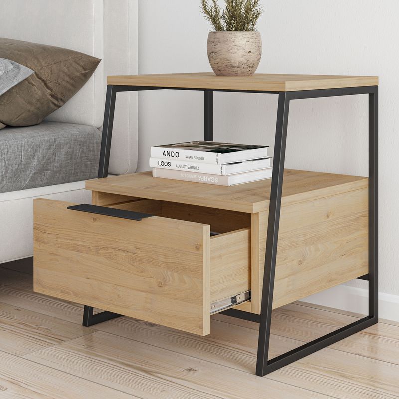Casa si Gradina - Mobilier - Comode si corpuri - Noptiere - Noptiera, Hanah Home, pal melaminat, stejar si negru, 45x41x50 cm - Infinity.ro