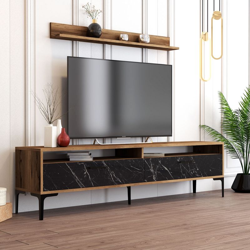 Casa si Gradina - Mobilier - Seturi de mobilier - Seturi living - Set mobilier living, Hanah Home, pal melaminat, nuc si negru, stand tv 180x47x35 cm, masa cafea 105x32.6x60 cm, raft perete 120x11.8x16 cm - Infinity.ro