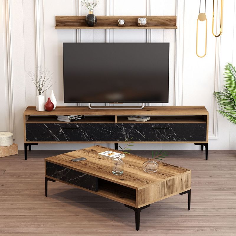 Casa si Gradina - Mobilier - Seturi de mobilier - Seturi living - Set mobilier living, Hanah Home, pal melaminat, nuc si negru, stand tv 180x47x35 cm, masa cafea 105x32.6x60 cm, raft perete 120x11.8x16 cm - Infinity.ro