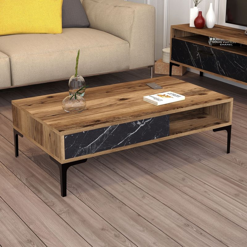 Casa si Gradina - Mobilier - Seturi de mobilier - Seturi living - Set mobilier living, Hanah Home, pal melaminat, nuc si negru, stand tv 180x47x35 cm, masa cafea 105x32.6x60 cm, raft perete 120x11.8x16 cm - Infinity.ro