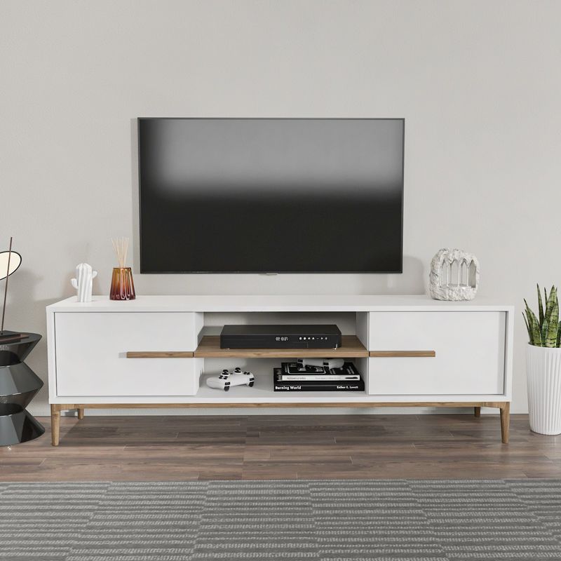 TV, Audio-Video si Foto - Accesorii TV si audio - Suporturi TV - Suport tv, Hanah Home, pal melaminat, alb si nuc, 120x43.6x29.6 cm - Infinity.ro