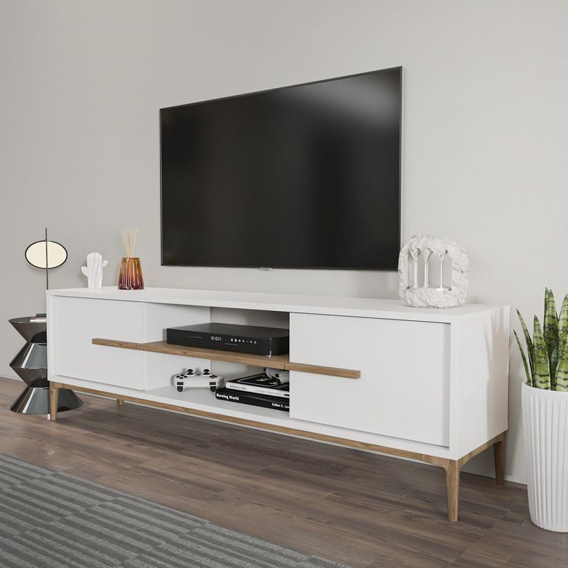 TV, Audio-Video si Foto - Accesorii TV si audio - Suporturi TV - Suport tv, Hanah Home, pal melaminat, alb si nuc, 120x43.6x29.6 cm - Infinity.ro