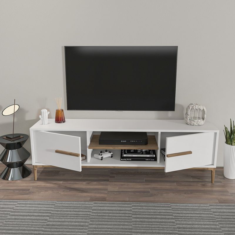 TV, Audio-Video si Foto - Accesorii TV si audio - Suporturi TV - Suport tv, Hanah Home, pal melaminat, alb si nuc, 120x43.6x29.6 cm - Infinity.ro
