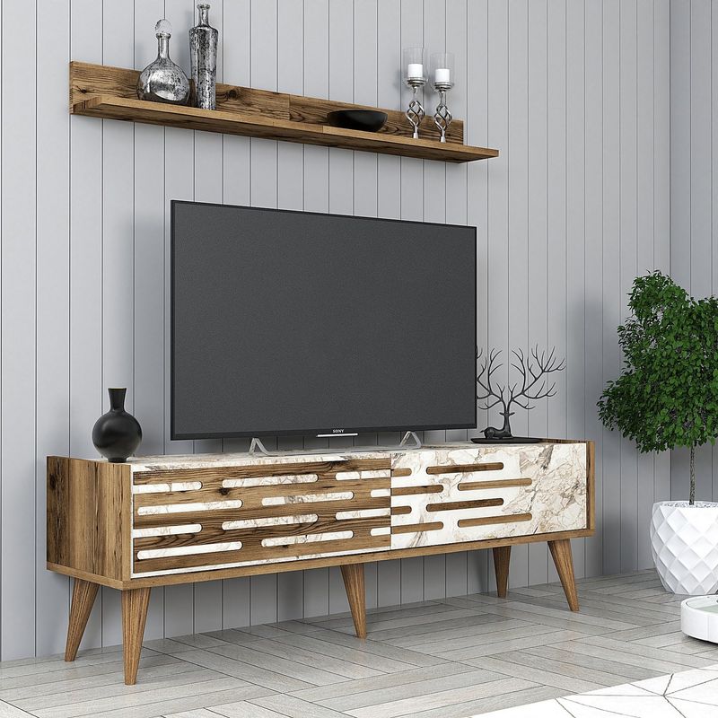 Casa si Gradina - Mobilier - Comode si corpuri - Console - Comoda tv, Hanah Home, panou de particule melaminat, nuc, alb, marmura, 140x35x45 cm - Infinity.ro