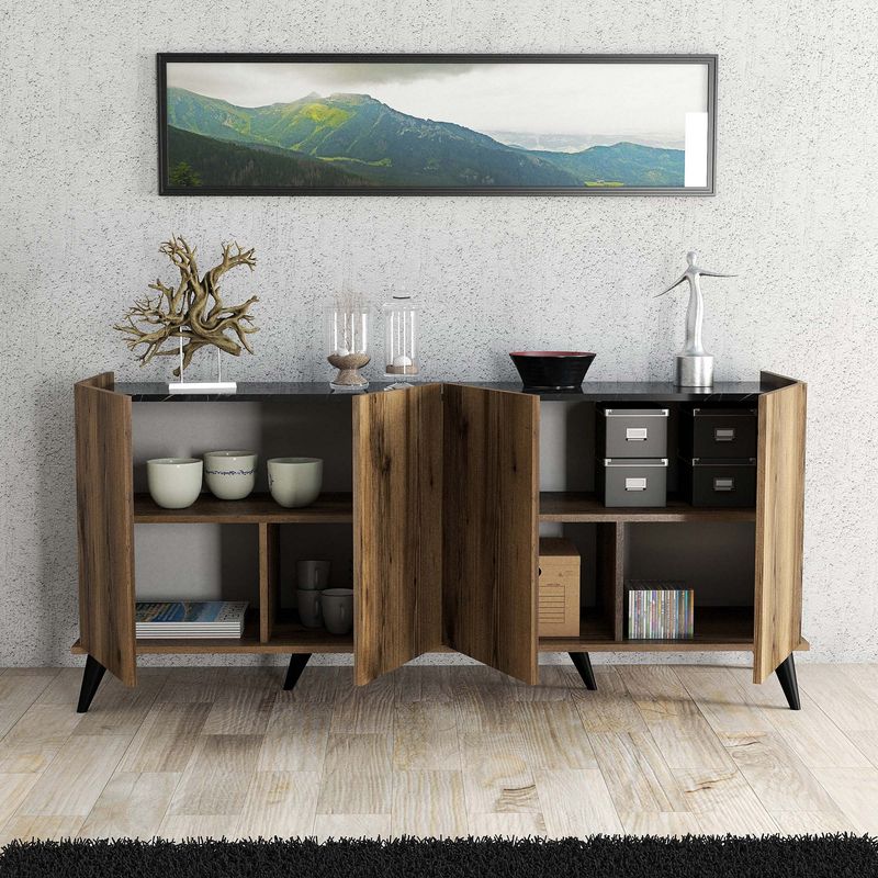 Casa si Gradina - Mobilier - Comode si corpuri - Console - Consola, Hanah Home, panou de particule cu melamina, nuc si marmura neagra, 180x45x80.8 cm - Infinity.ro