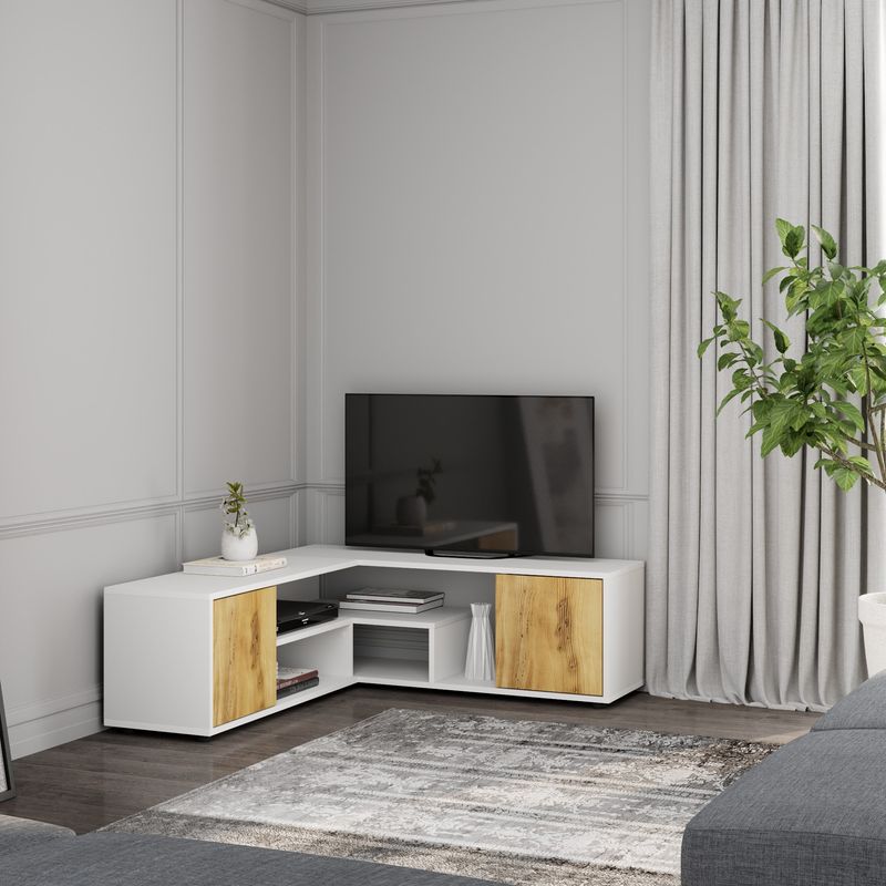 Casa si Gradina - Mobilier - Comode si corpuri - Console - Comoda tv, Hanah Home, pal melaminat, alb si stejar, 125x40x35 cm - Infinity.ro
