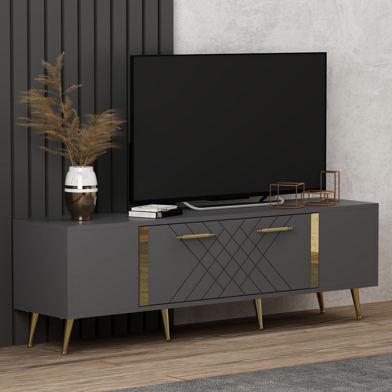 Casa si Gradina - Mobilier - Comode si corpuri - Comode - Comoda tv, Hanah Home, pal melaminat, antracit si auriu, 150x35x48.2 cm - Infinity.ro