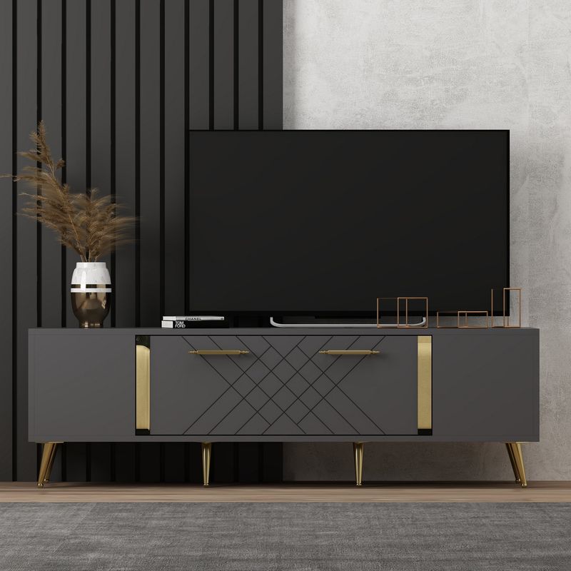 Casa si Gradina - Mobilier - Comode si corpuri - Comode - Comoda tv, Hanah Home, pal melaminat, antracit si auriu, 150x35x48.2 cm - Infinity.ro