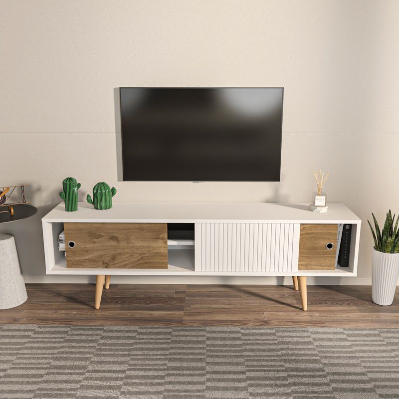 Casa si Gradina - Mobilier - Comode si corpuri - Comode - Comoda tv, Hanah Home, pal melaminat, alb si nuc, 160x45x34.5 cm - Infinity.ro