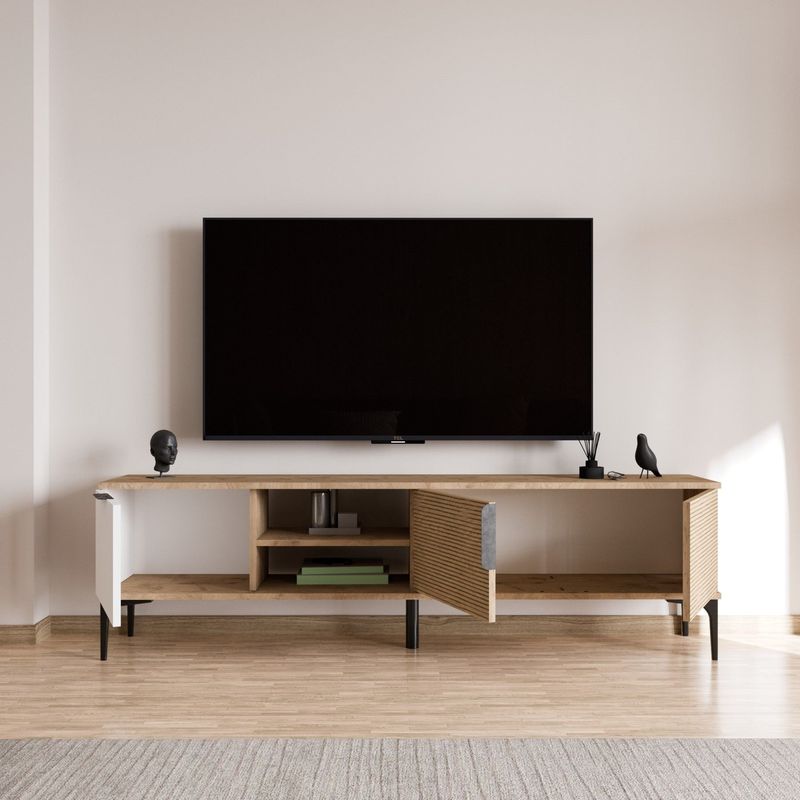 Casa si Gradina - Mobilier - Comode si corpuri - Comode - Comoda tv, Hanah Home, pal melaminat, alb si stejar, 180x49x33 cm - Infinity.ro