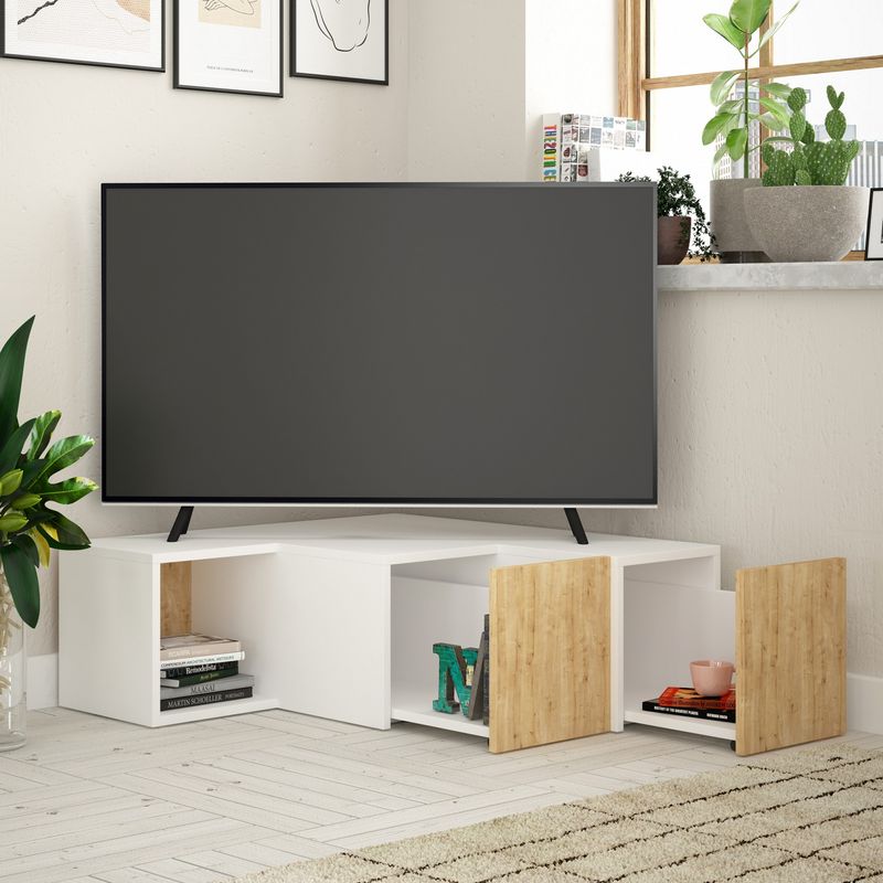 Casa si Gradina - Mobilier - Comode si corpuri - Comode - Comoda tv, Hanah Home, pal melaminat, alb si stejar, 90x32x92 cm - Infinity.ro
