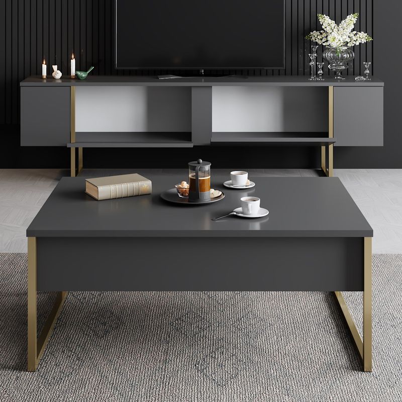 Casa si Gradina - Mobilier - Comode si corpuri - Comode - Comoda tv, Hanah Home, pal melaminat, antracit si auriu, 180x30x50 cm - Infinity.ro