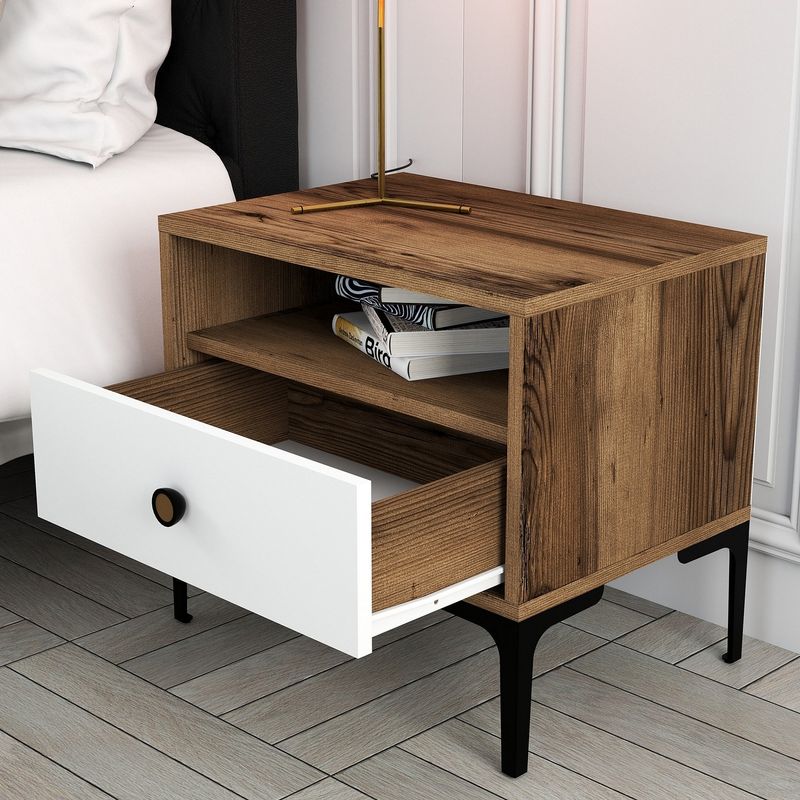 Casa si Gradina - Mobilier - Comode si corpuri - Noptiere - Noptiera, Hanah Home, pal melaminat, nuc si alb, 56x40x50.8 cm, 845HCT2502 - Infinity.ro