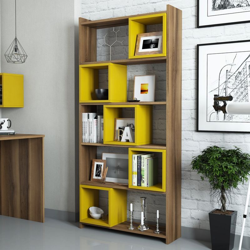 Casa si Gradina - Mobilier - Biblioteci si rafturi - Biblioteci - Biblioteca, Hanah Home, PAL melaminat, nuc si galben, 80x22x170 cm - Infinity.ro