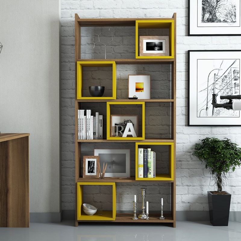 Casa si Gradina - Mobilier - Biblioteci si rafturi - Biblioteci - Biblioteca, Hanah Home, PAL melaminat, nuc si galben, 80x22x170 cm - Infinity.ro