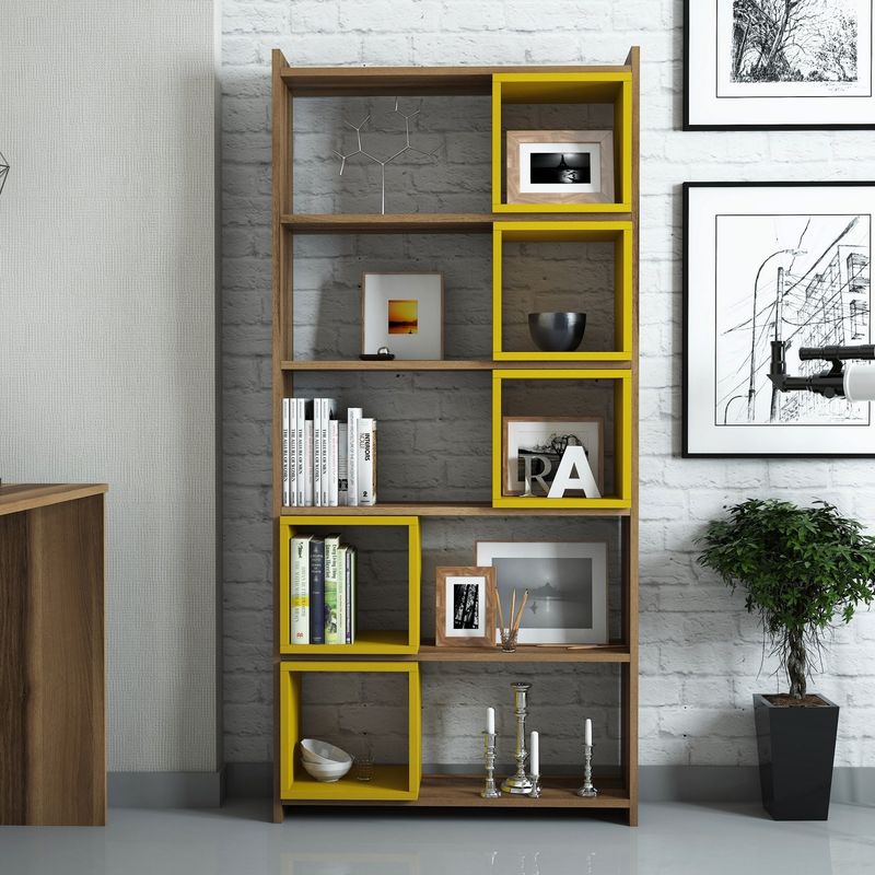 Casa si Gradina - Mobilier - Biblioteci si rafturi - Biblioteci - Biblioteca, Hanah Home, PAL melaminat, nuc si galben, 80x22x170 cm - Infinity.ro