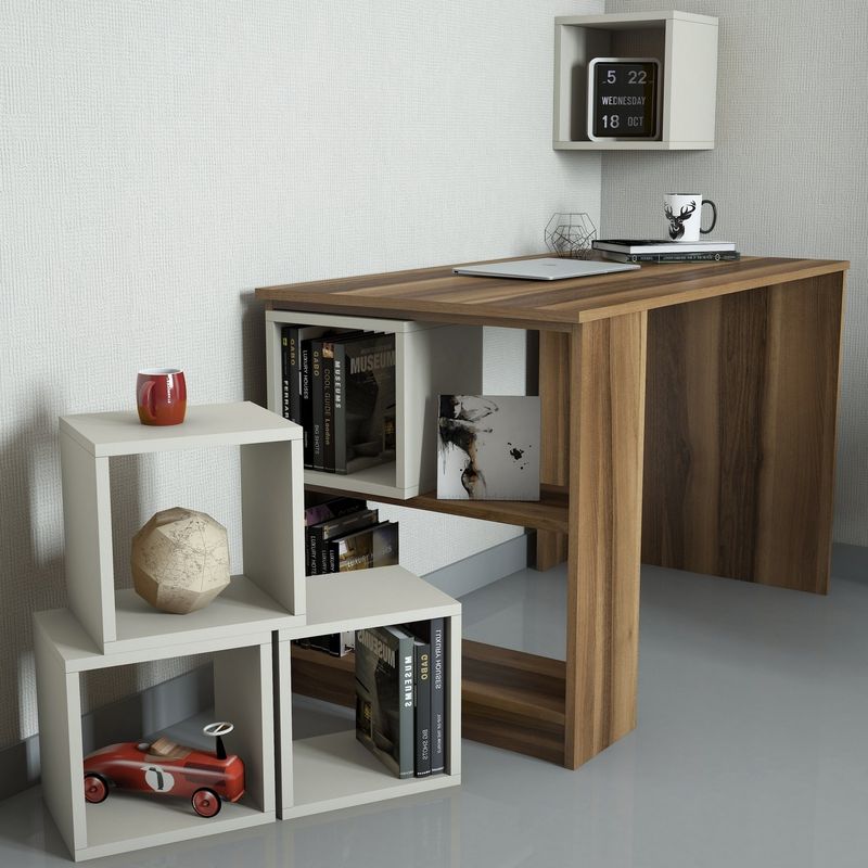 Casa si Gradina - Mobilier - Mese si birouri - Birouri - Birou de studiu, Hanah Home, panou de particule melaminat, nuc si crem, 120x65x75 cm - Infinity.ro