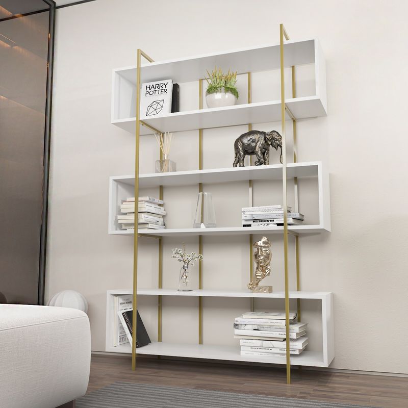 Casa si Gradina - Mobilier - Biblioteci si rafturi - Biblioteci - Biblioteca, Hanah Home, pal melaminat, alb auriu, 120x29.6x180 cm - Infinity.ro