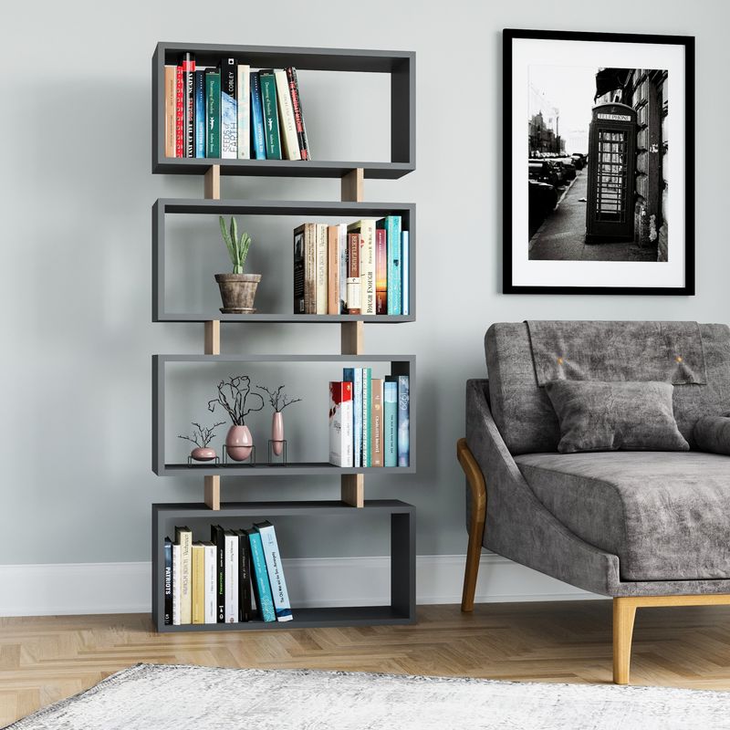 Casa si Gradina - Mobilier - Biblioteci si rafturi - Biblioteci - Biblioteca, Hanah Home, pal melaminat, antracit si stejar, 72.5x25x161 cm - Infinity.ro