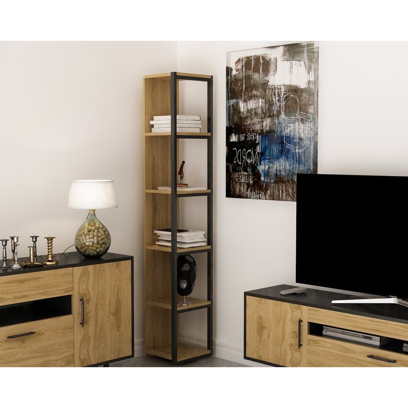 Casa si Gradina - Mobilier - Biblioteci si rafturi - Biblioteci - Biblioteca, Hanah Home, pal melaminat, stejar si negru, 33.7x29.5x180 cm - Infinity.ro