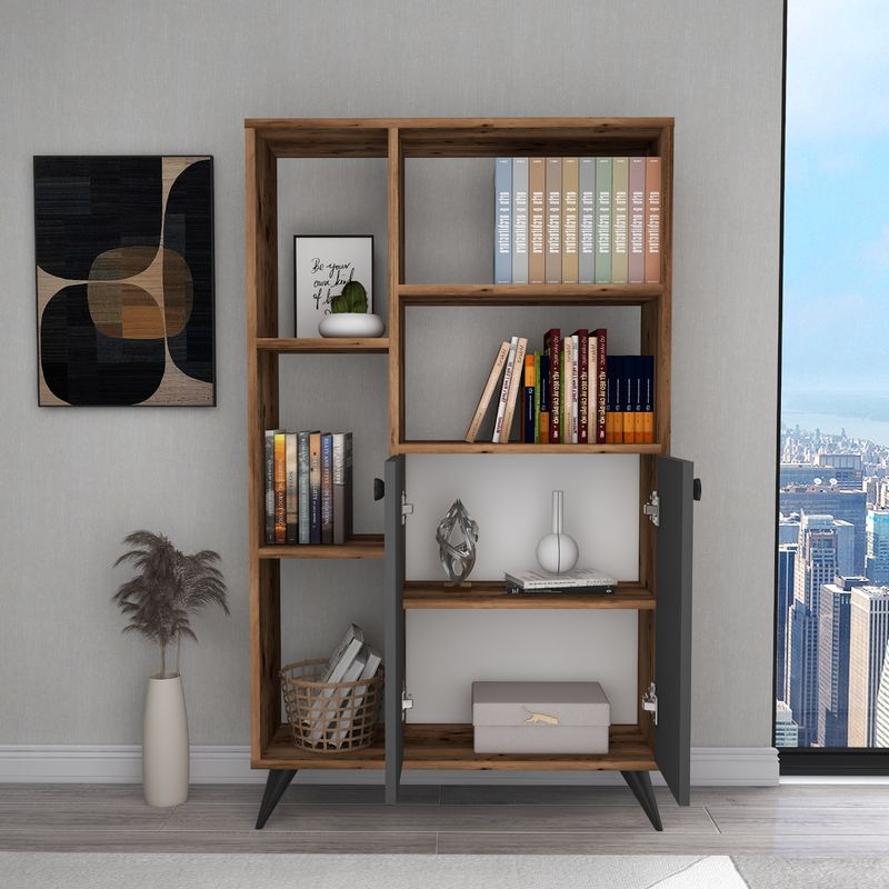 Casa si Gradina - Mobilier - Biblioteci si rafturi - Biblioteci - Biblioteca, Hanah Home, pal melaminat, nuc deschis si antracit, 80x25x135.6 cm - Infinity.ro
