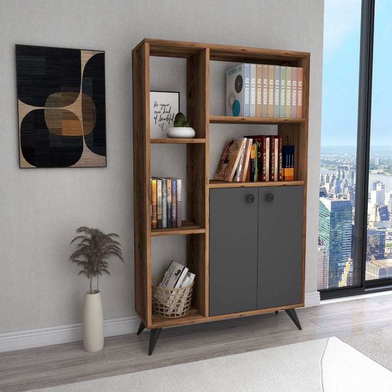 Casa si Gradina - Mobilier - Biblioteci si rafturi - Biblioteci - Biblioteca, Hanah Home, pal melaminat, nuc deschis si antracit, 80x25x135.6 cm - Infinity.ro