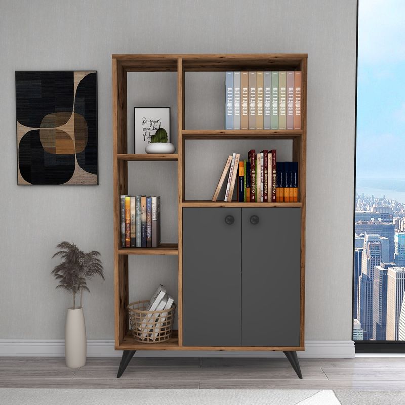 Casa si Gradina - Mobilier - Biblioteci si rafturi - Biblioteci - Biblioteca, Hanah Home, pal melaminat, nuc deschis si antracit, 80x25x135.6 cm - Infinity.ro