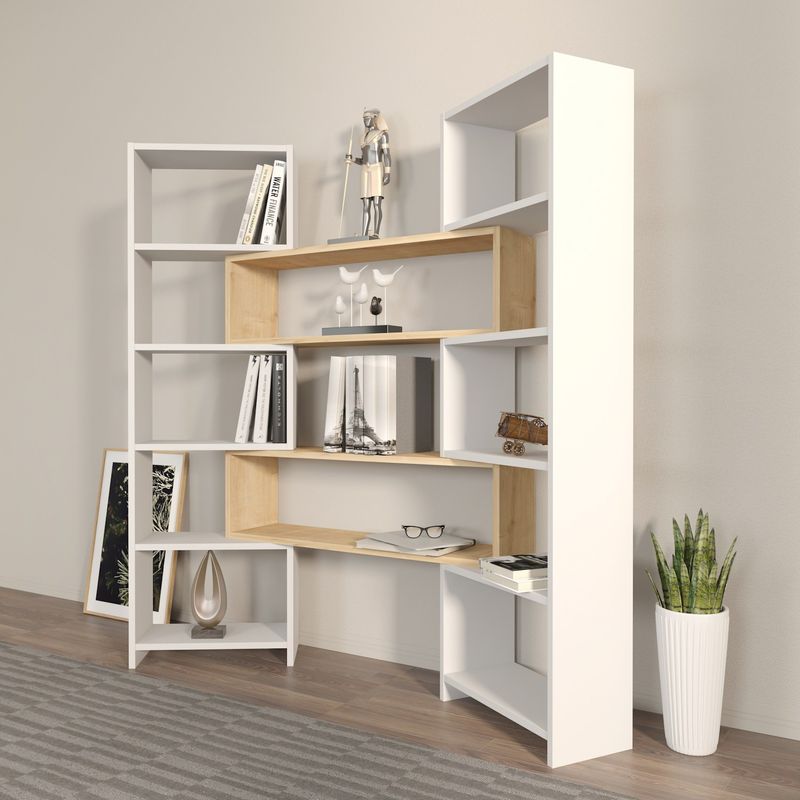 Casa si Gradina - Mobilier - Biblioteci si rafturi - Biblioteci - Biblioteca, Hanah Home, PAL melaminat, alb şi stejar, 163.5x22x150 cm - Infinity.ro