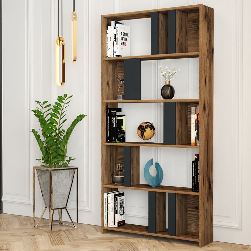 Casa si Gradina - Mobilier - Biblioteci si rafturi - Biblioteci - Biblioteca, Hanah Home, pal melaminat, nuc si antracit, 90x20x180 cm - Infinity.ro