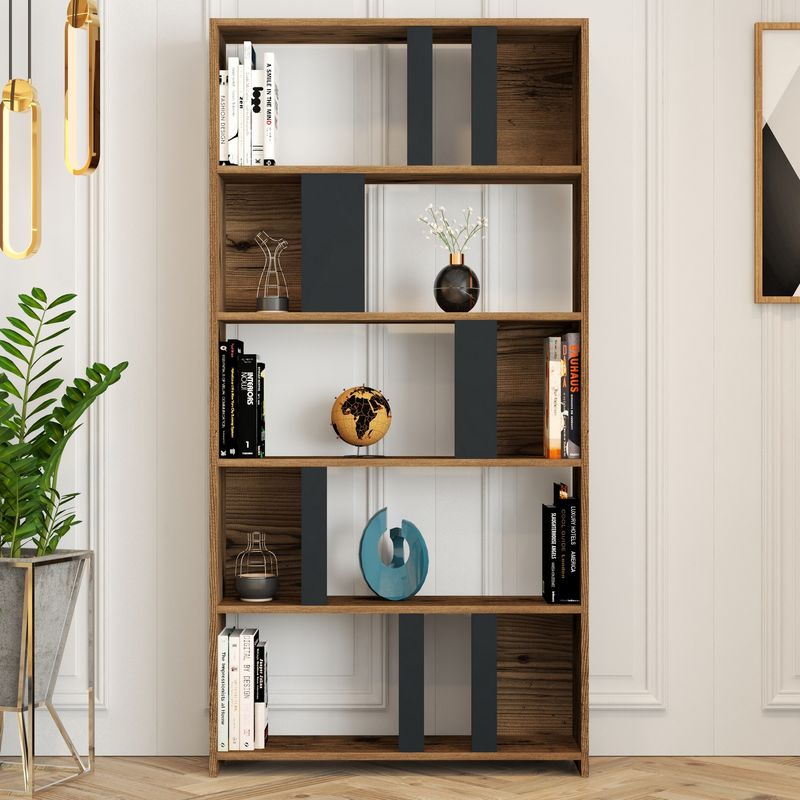 Casa si Gradina - Mobilier - Biblioteci si rafturi - Biblioteci - Biblioteca, Hanah Home, pal melaminat, nuc si antracit, 90x20x180 cm - Infinity.ro