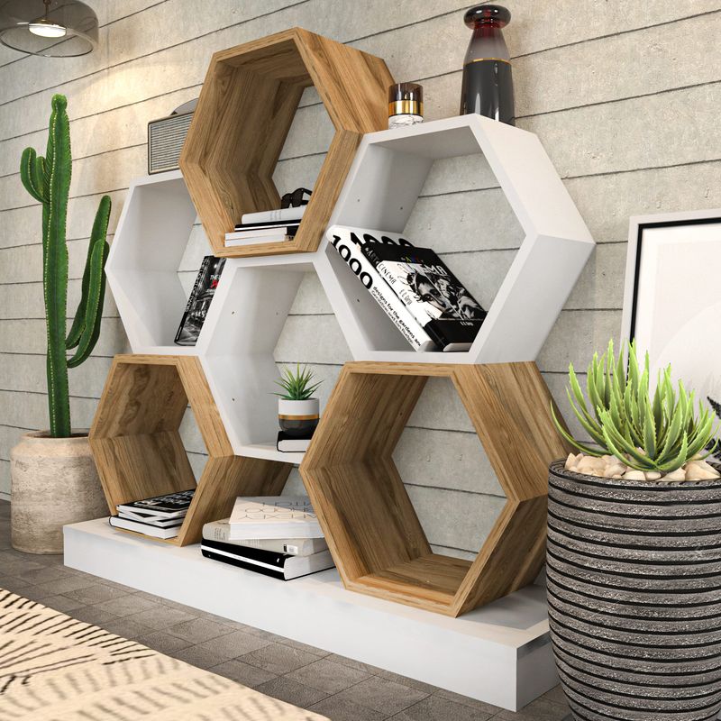 Casa si Gradina - Mobilier - Biblioteci si rafturi - Biblioteci - Biblioteca, Hanah Home, pal melaminat, alb si stejar, 120x29.5x109 cm - Infinity.ro