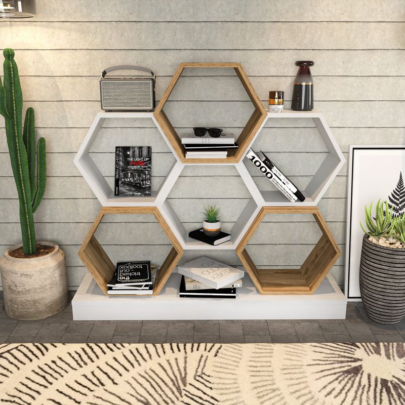 Casa si Gradina - Mobilier - Biblioteci si rafturi - Biblioteci - Biblioteca, Hanah Home, pal melaminat, alb si stejar, 120x29.5x109 cm - Infinity.ro