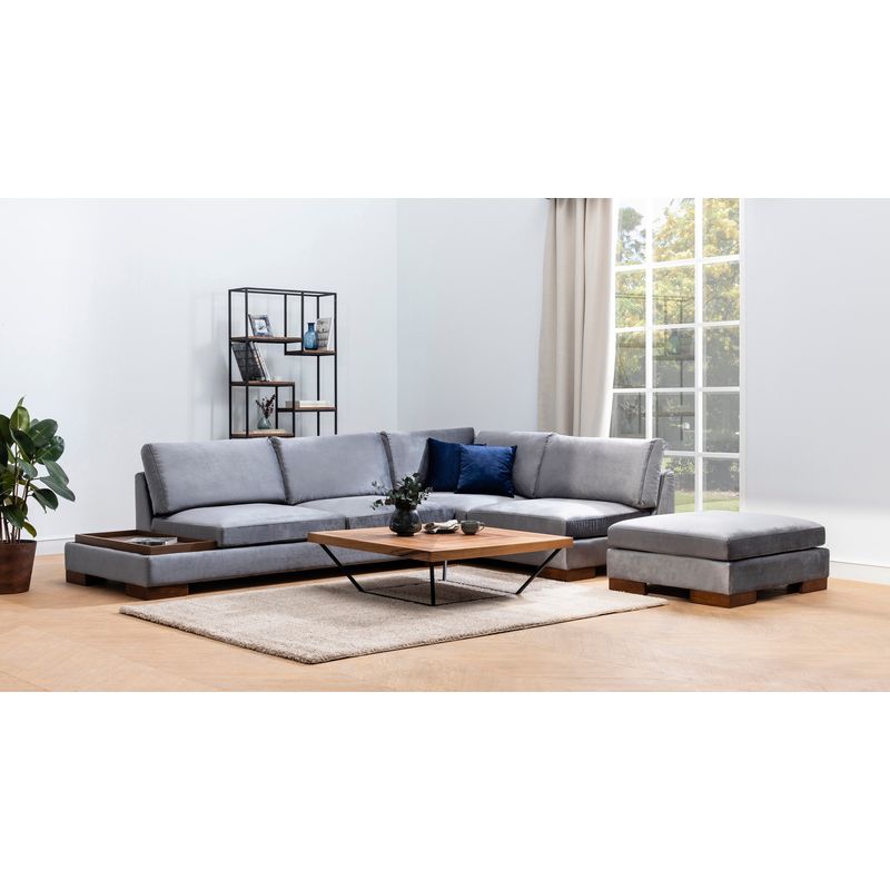 Casa si Gradina - Mobilier - Canapele si coltare - Coltare - Coltar cu puf, Hanah Home, cadru lemn fag si pal, tapiterie poliester, gri inchis, 313x193 cm - Infinity.ro