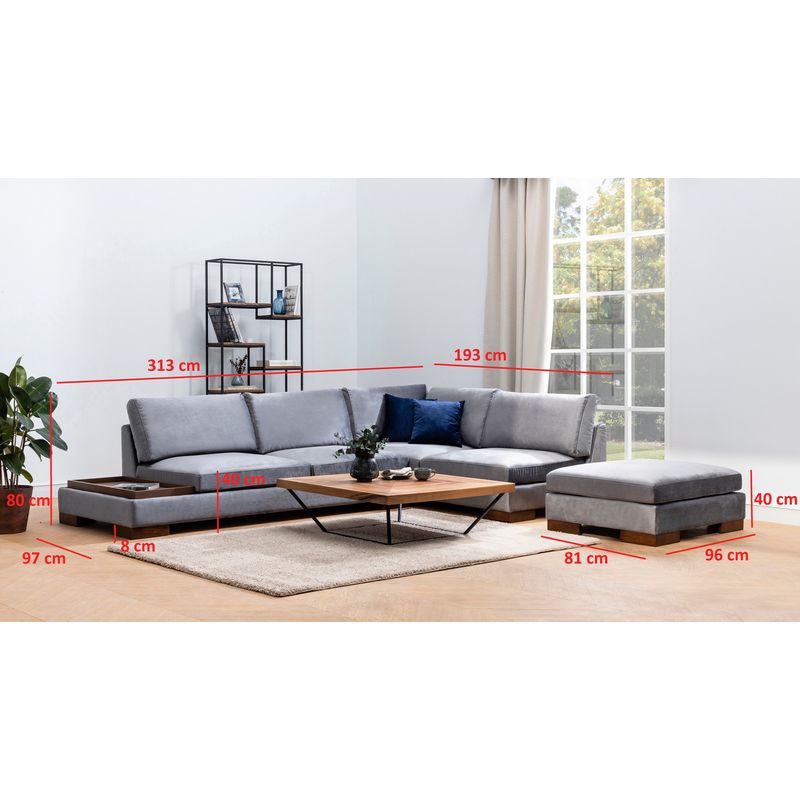 Casa si Gradina - Mobilier - Canapele si coltare - Coltare - Coltar cu puf, Hanah Home, cadru lemn fag si pal, tapiterie poliester, gri inchis, 313x193 cm - Infinity.ro