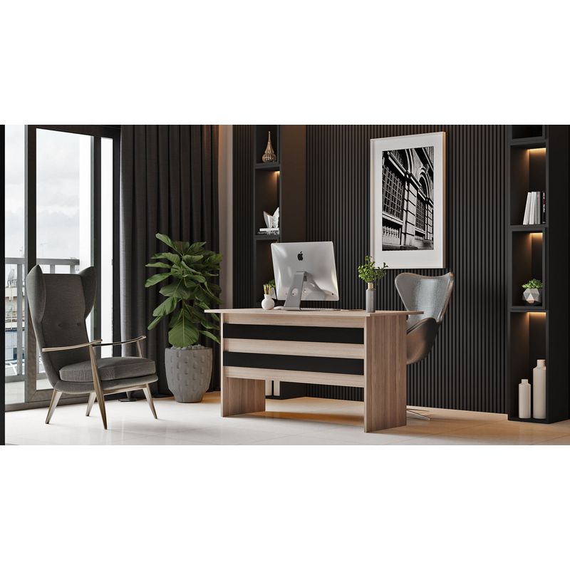 Casa si Gradina - Mobilier - Mese si birouri - Birouri - Birou de studiu, Hanah Home, pal melaminat, stejar si negru, 140x60x73.8 cm - Infinity.ro