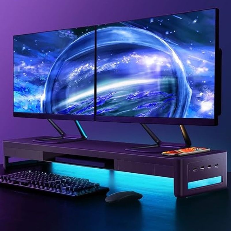 PC, gaming si accesorii - Desktop PC & monitoare - Accesorii monitoare - Suport Monitor Dual 3 in 1 cu Sertare, incarcare Wireless si Hub USB, 98x20 cm, Negru - Infinity.ro