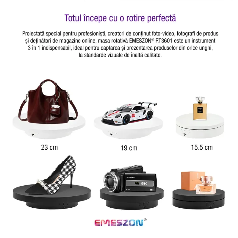 TV, Audio-Video si Foto - Aparate foto si accesorii - Accesorii foto si video - Alte accesorii foto & video - Masa Rotativa 360 electronica Foto si Video, EMESZON® RT3601, Oglinda, Stand Rotativ 3 in 1, Prezentare produse, Negru - Infinity.ro