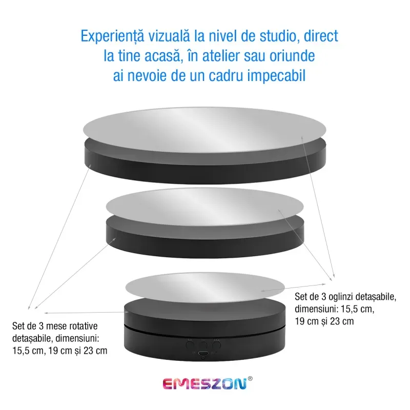 TV, Audio-Video si Foto - Aparate foto si accesorii - Accesorii foto si video - Alte accesorii foto & video - Masa Rotativa 360 electronica Foto si Video, EMESZON® RT3601, Oglinda, Stand Rotativ 3 in 1, Prezentare produse, Negru - Infinity.ro