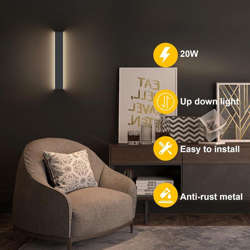 Casa si Gradina - Corpuri si surse de iluminat - Plafoniere, aplice si spoturi - Aplica led de perete 61 cm, 20w, alb natural 4000k, IP44, gri inchis, aluminiu, iluminat interior, montaj usor, 220V - Infinity.ro