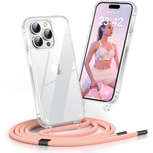 Husa transparenta de telefon pentru Iphone 14, Iphone 14 Plus, Iphone Pro Max, cu snur roz