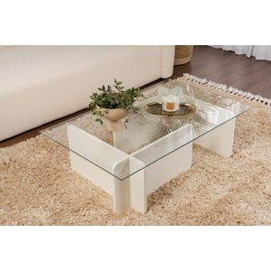 Masuta de cafea, Hanah Home, lemn cu sticla, alb lemn, 105x65x30 cm