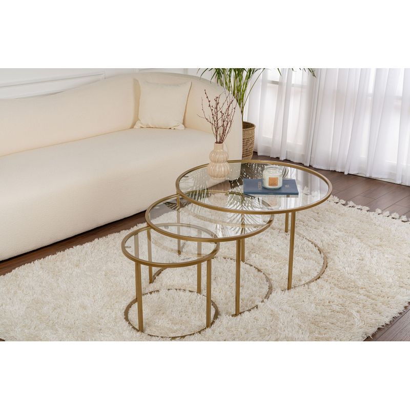 Casa si Gradina - Mobilier - Mese si birouri - Masute de cafea - Set masute de cafea, Hanah Home, sticla securizata, metal, auriu, transparent, 80x80x43 cm, 60x60x39 cm, 42x42x35 cm - Infinity.ro