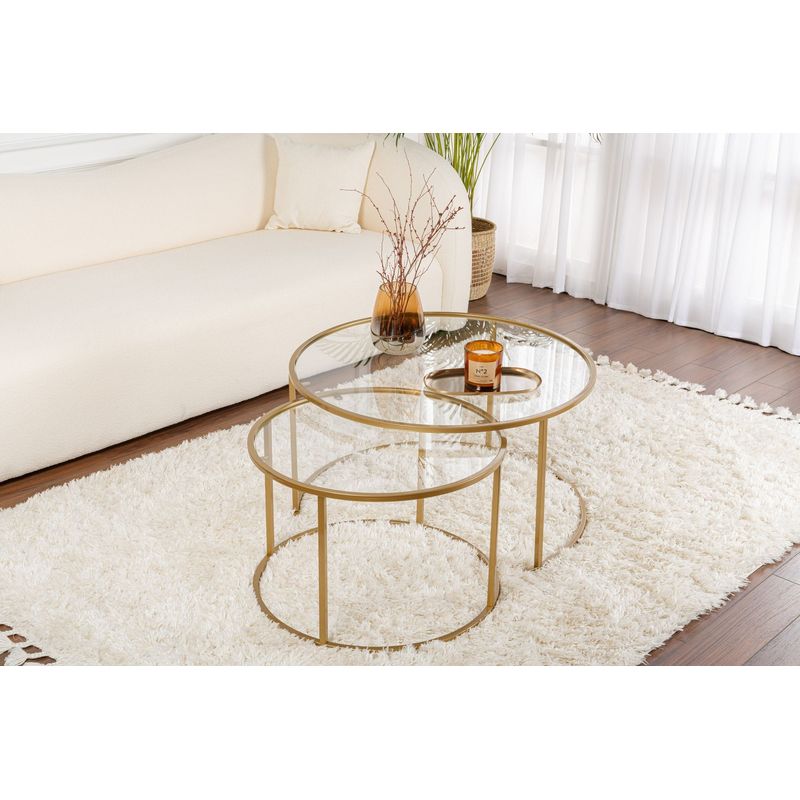 Casa si Gradina - Mobilier - Mese si birouri - Masute de cafea - Set masute de cafea, Hanah Home, sticla securizata, metal, auriu, transparent, 80x80x43 cm si 60x60x39 cm - Infinity.ro
