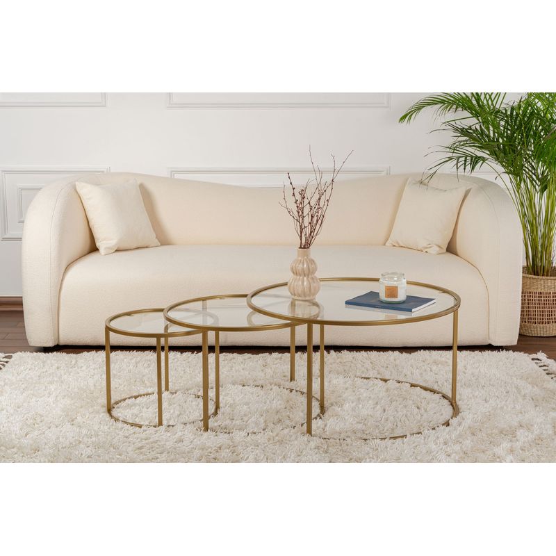 Casa si Gradina - Mobilier - Mese si birouri - Masute de cafea - Set masute de cafea, Hanah Home, sticla securizata, metal, auriu, transparent, 80x80x43 cm, 60x60x39 cm, 42x42x35 cm - Infinity.ro