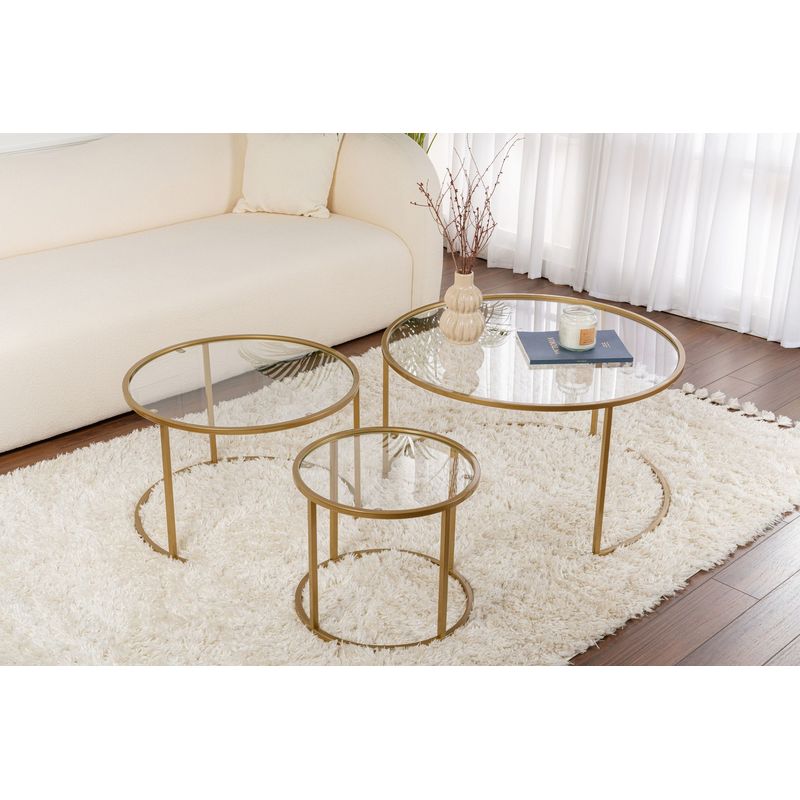 Casa si Gradina - Mobilier - Mese si birouri - Masute de cafea - Set masute de cafea, Hanah Home, sticla securizata, metal, auriu, transparent, 80x80x43 cm, 60x60x39 cm, 42x42x35 cm - Infinity.ro
